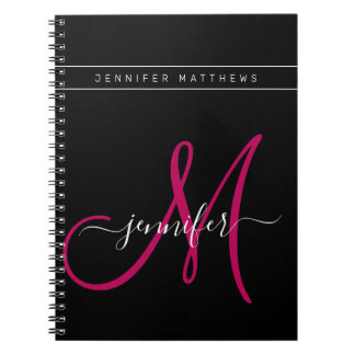 Personalized Elegant Script Pink Black Monogram Notebook