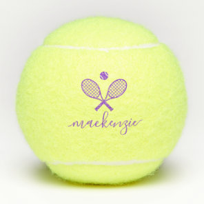 Personalized Elegant Script Purple Crossed Rackets Tennis Balls
