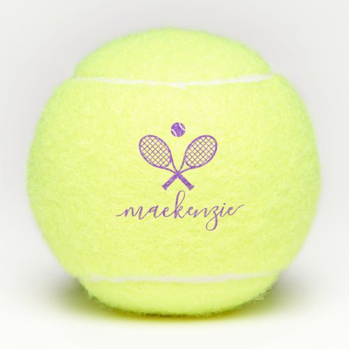 Personalized Elegant Script Purple Crossed Rackets Tennis Balls