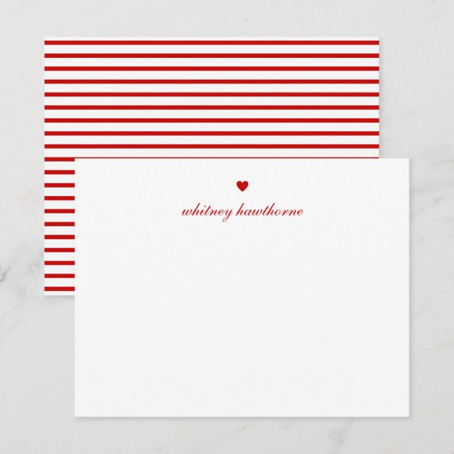 Personalized Elegant Script Red Heart Note Card (Front/Back)