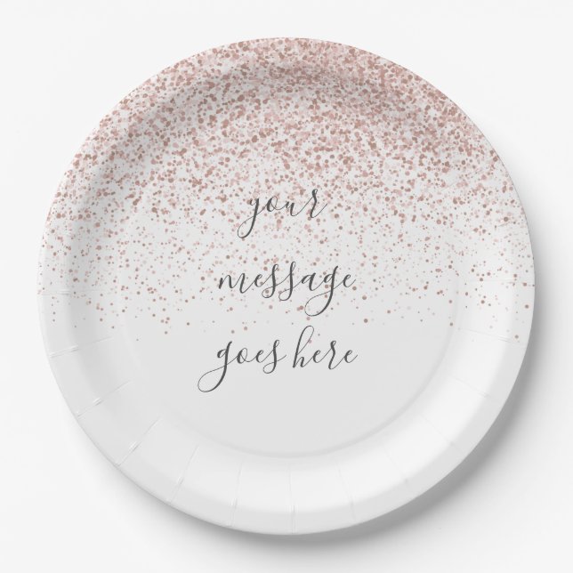 Personalized Elegant Script Rose Gold Glitter Paper Plates (Front)