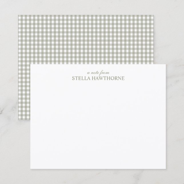 Personalized Elegant Script Sage Green Gingham Note Card (Front/Back)