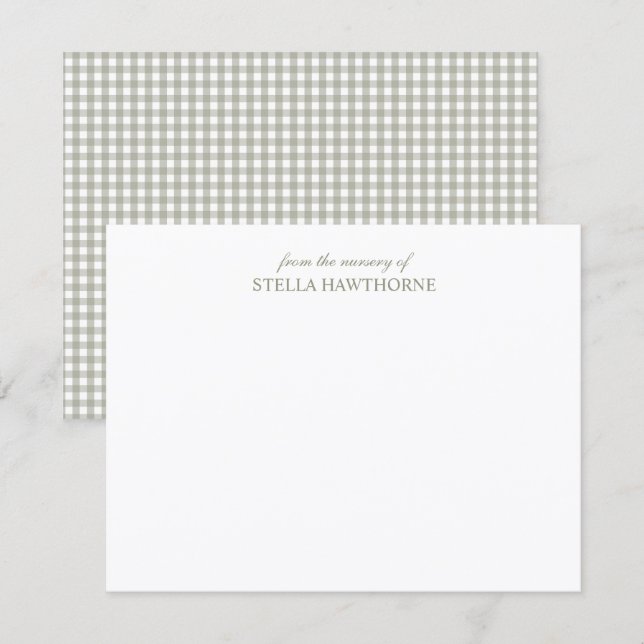 Personalized Elegant Script Sage Green Gingham Note Card (Front/Back)