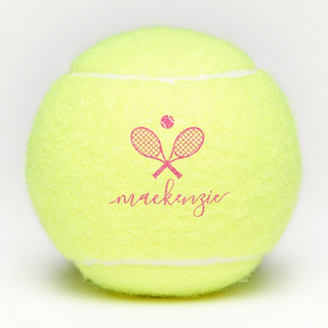 Personalized Elegant Script Text Pink Tennis Balls (Front)