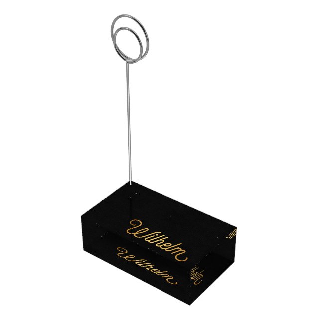 Personalized Elegant Script Wilhelm Gold Black Table Card Holder (Corner)
