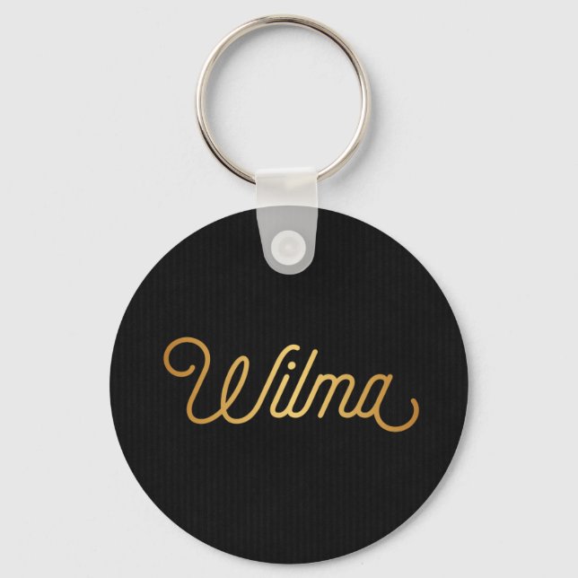 Personalized Elegant Script Wilma Gold Black Keychain (Front)