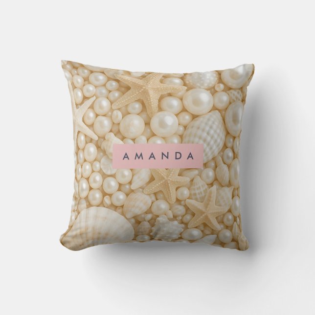 Personalized Elegant Seashell and Pearl Throw Pillow (Front)