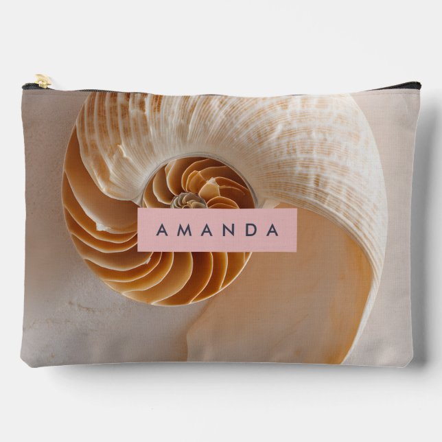 Personalized Elegant Seashell Spiral Coastal Accessory Pouch (Front)