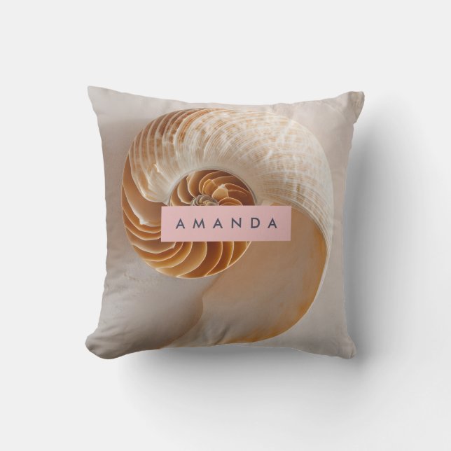 Personalized Elegant Seashell Spiral Coastal Throw Pillow (Front)