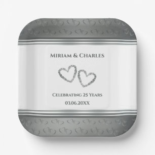 Personalized Elegant Silver 25th Anniversary Party Paper Plates