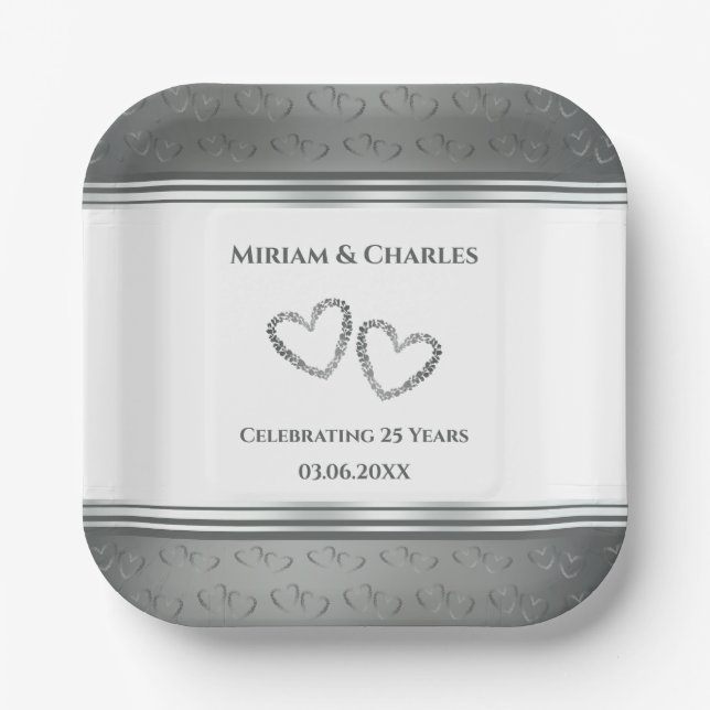 Personalized Elegant Silver 25th Anniversary Party Paper Plates (Front)
