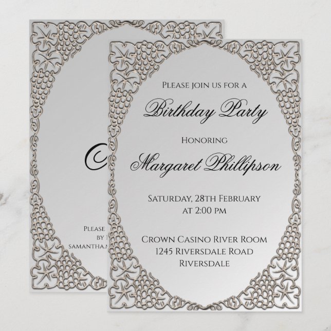 Personalized Elegant Silver Decorative Birthday Invitation (Front/Back)