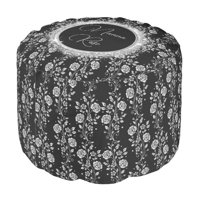 Personalized Elegant Silver Floral Pouf (Angled Back)