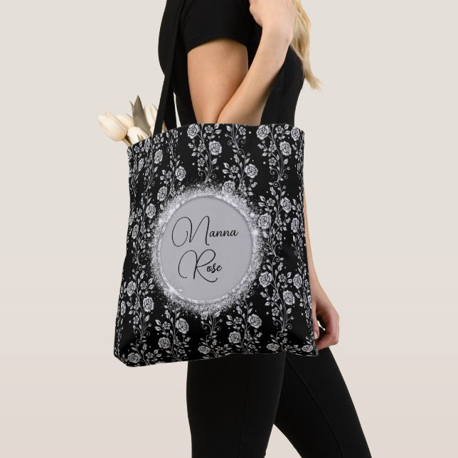 Personalized Elegant Silver Floral Tote Bag (Close Up)
