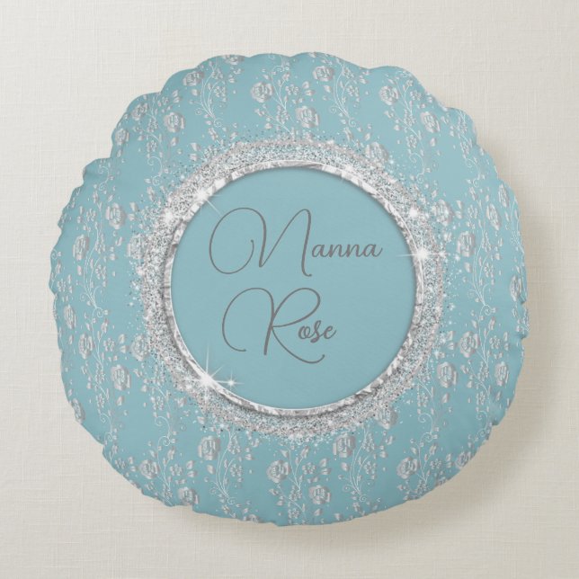 Personalized Elegant Silver Flowers on Blue Round Pillow (Front)