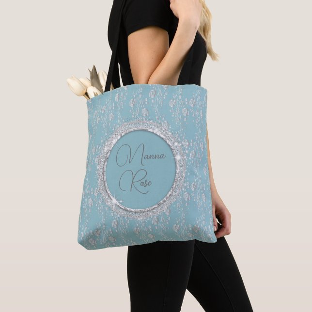Personalized Elegant Silver Flowers on Blue Tote Bag (Close Up)