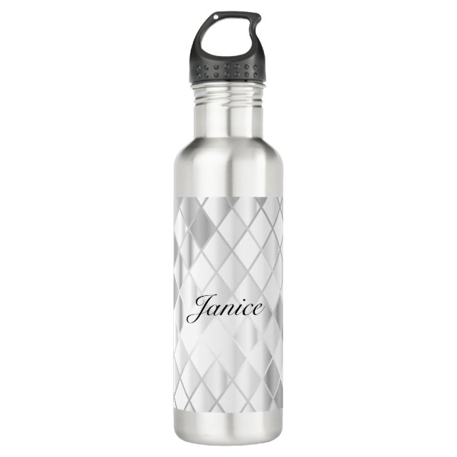 Personalized Elegant Silver Gray Diamond Luxury  Stainless Steel Water Bottle (Front)