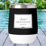 Personalized Elegant Simple Bowtie Groomsman Thermal Wine Tumbler<br><div class="desc">Celebrate your groomsman in style with this chic and timeless wine tumbler. Featuring a sleek black and white design, this tumbler can be personalized with a name, role, and wedding date for a truly unique gift. Its refined aesthetic effortlessly complements a wide range of wedding styles, from classic to modern....</div>
