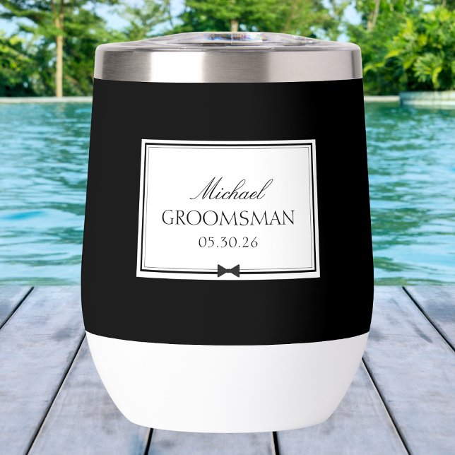 Personalized Elegant Simple Bowtie Groomsman Thermal Wine Tumbler (Celebrate in style with this personalized groomsman tumbler – a sleek, lasting wedding memento.)