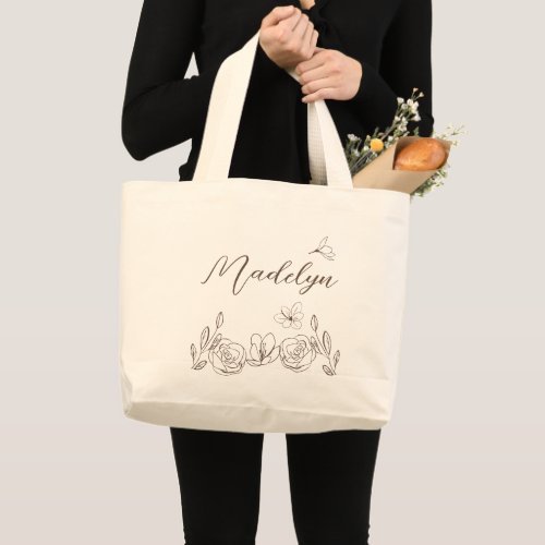 Personalized Elegant Simple Neutral Color Florals  Large Tote Bag