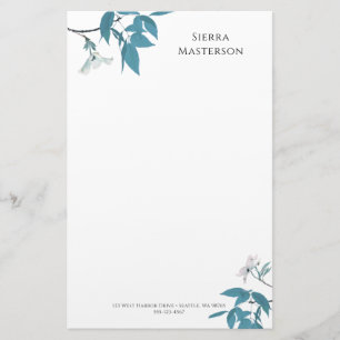 Personalized Elegant Spring Blossoms White Teal Stationery