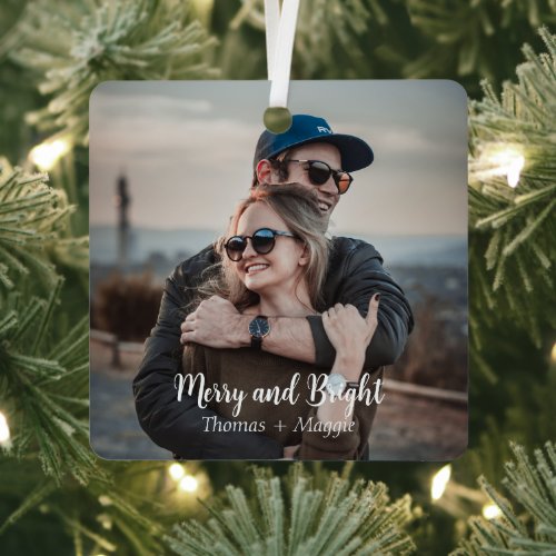 Personalized Elegant stylish couple photo script Metal Ornament