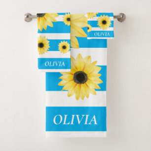 Personalized Elegant Sunfllower blue and white Bath Towel Set