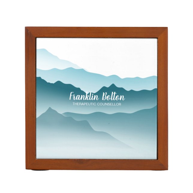 Personalized Elegant Teal Blue Mountains View Desk Organizer (Front)