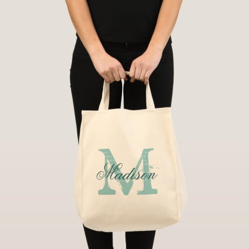 Personalized elegant teal monogram grocery tote bag