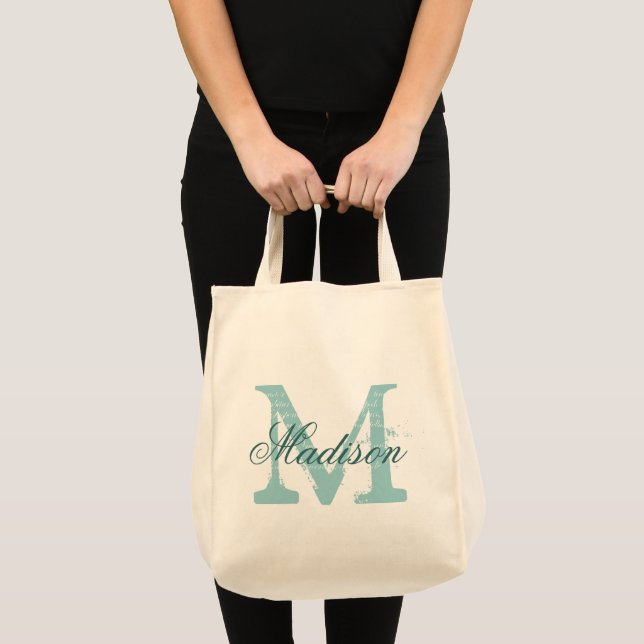 Personalized elegant teal monogram grocery tote bag (Front (Product))