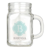 Personalized elegant teal quatrefoil monogram mason jar