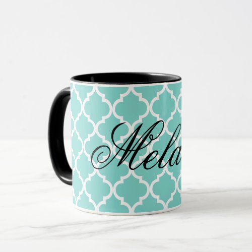 Personalized elegant teal quatrefoil pattern combo mug