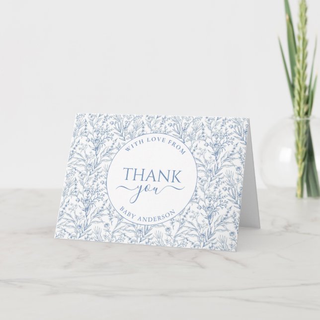 Personalized Elegant Toile Blue Floral Baby Shower Thank You Card (Front)