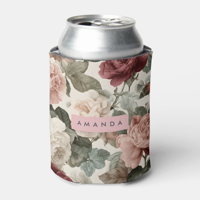 Personalized Elegant Victorian Roses in Blush Can Cooler (Can Front)