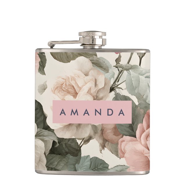 Personalized Elegant Victorian Roses in Blush Flask (Front)