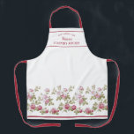 Personalized Elegant Vintage Pink Rose Border Apron<br><div class="desc">Lovely and elegant floral design featuring a garland border of vintage pink roses and green foliage on a clean white background. Includes coordinating line elements and three editable text fields in an editable rectangle element. Strap color is customizable.</div>