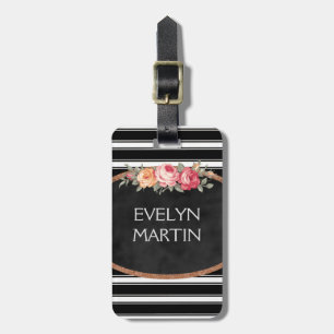 Personalized Elegant Vintage Roses B&W Stripes Luggage Tag