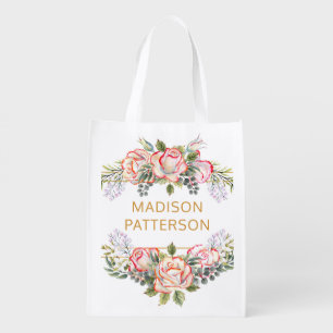 Personalized Elegant Watercolor Floral Girly Chic Grocery Bag