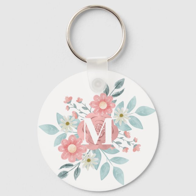 Personalized Elegant Watercolor Floral Monogram  Keychain (Front)