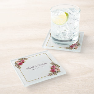 Personalized Elegant Watercolor Floral Wedding Glass Coaster