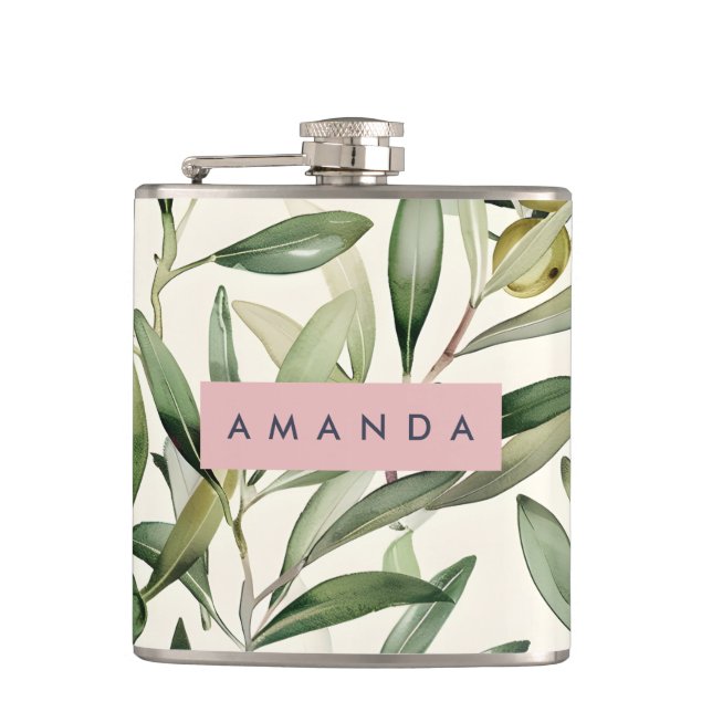 Personalized Elegant Watercolor Olive Branch Flask (Front)