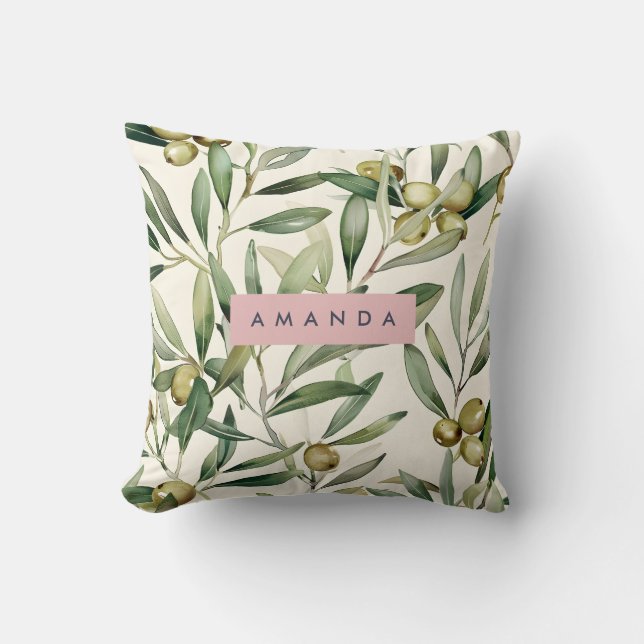Personalized Elegant Watercolor Olive Branch Throw Pillow (Front)