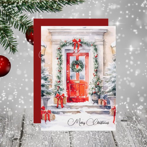 Personalized Elegant Watercolor Red Door Christmas Holiday Card