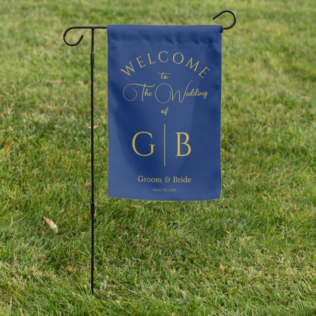 Personalized Elegant Wedding Reception Navy Garden Flag (In SItu)