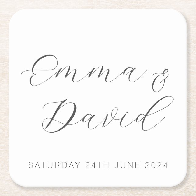 Personalized Elegant Wedding Square Paper Coaster (Front)