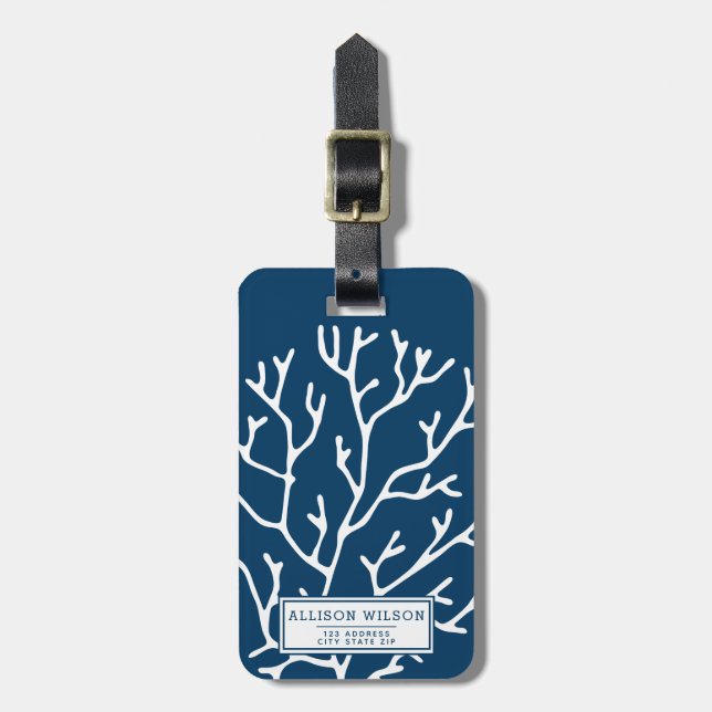 Personalized, Elegant White Coral - Teal Blue Luggage Tag (Front Vertical)