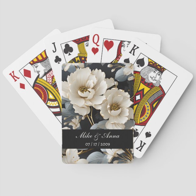 Personalized Elegant White Floral Playing Cards (Back)