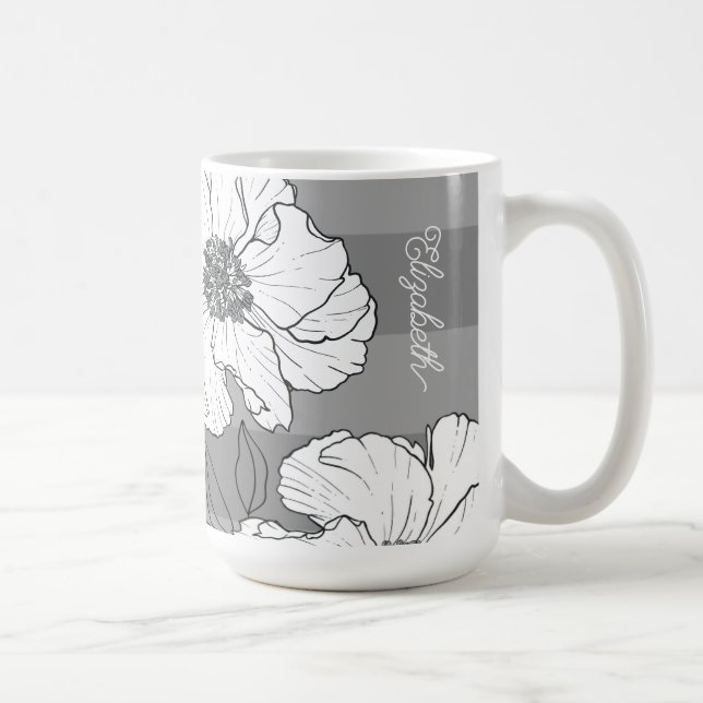 Personalized Elegant White Florals on Gray  Coffee Mug (Right)