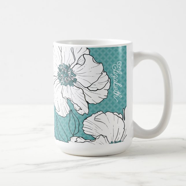 Personalized Elegant White Florals on Teal Coffee Mug (Right)