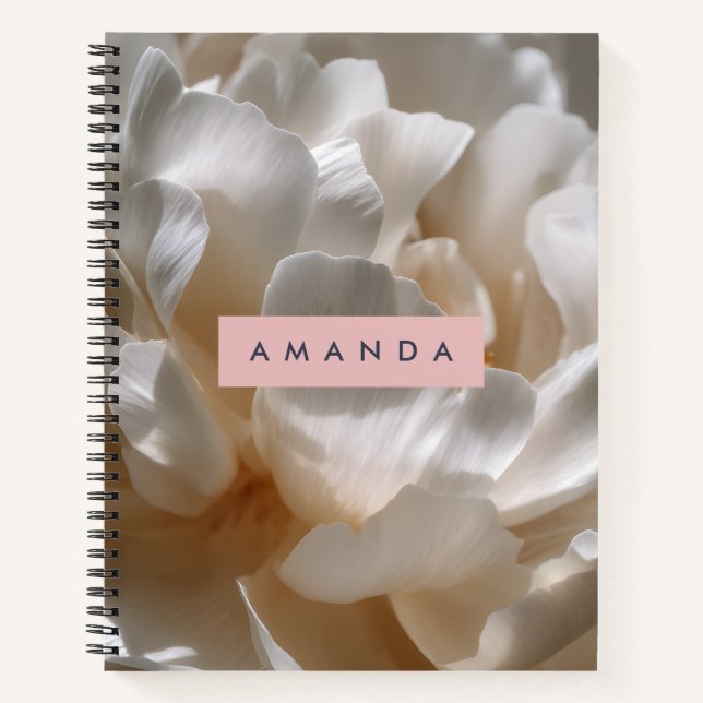 Personalized Elegant White Peony Bloom Notebook (Front)